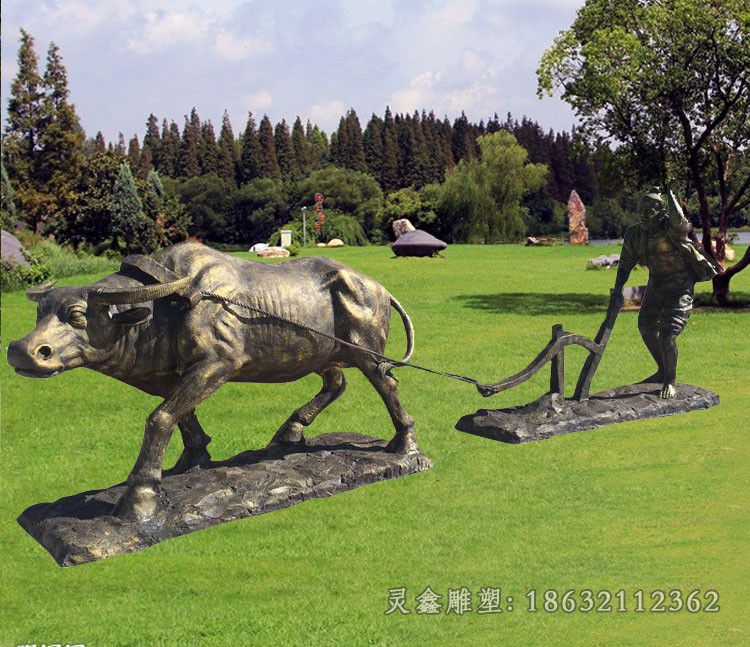 玻璃钢仿铜犁耕牛雕塑，园林景观摆件 (2)