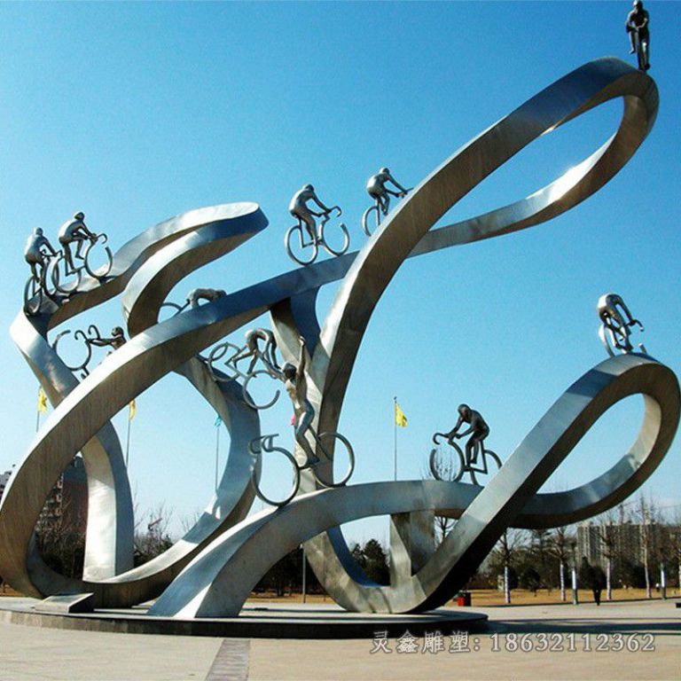 不锈钢抽象运动雕塑 大型广场城市景观骑自行车金属摆件 fdss-83853561