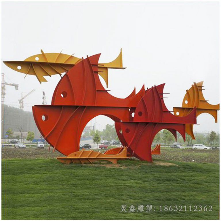 不锈钢抽象鱼雕塑，公园景观雕塑