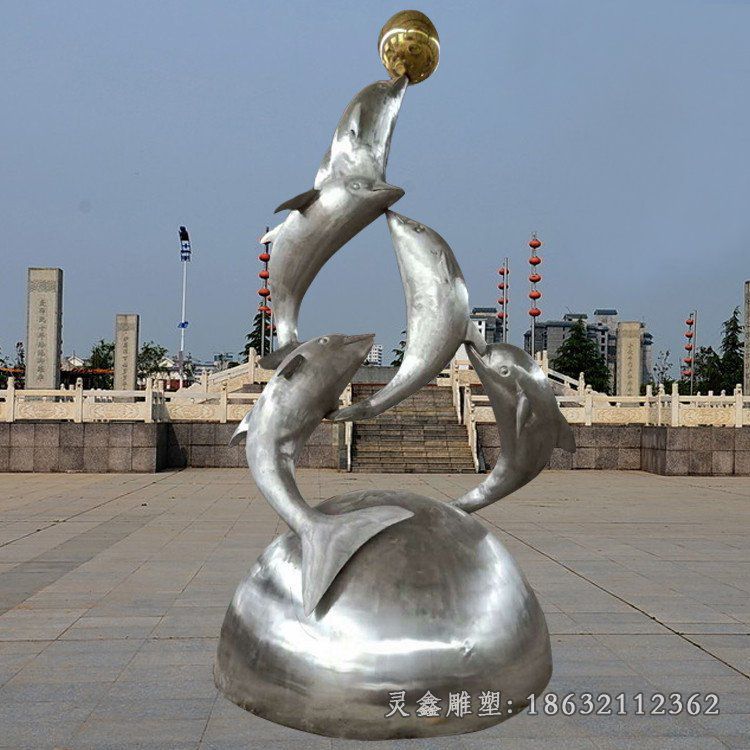 不锈钢海豚顶球雕塑