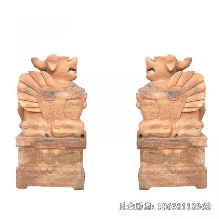 晚霞红狮子抱鼓石庭院石雕