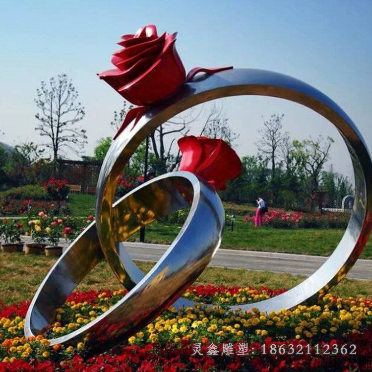 公园不锈钢玫瑰花戒指雕塑