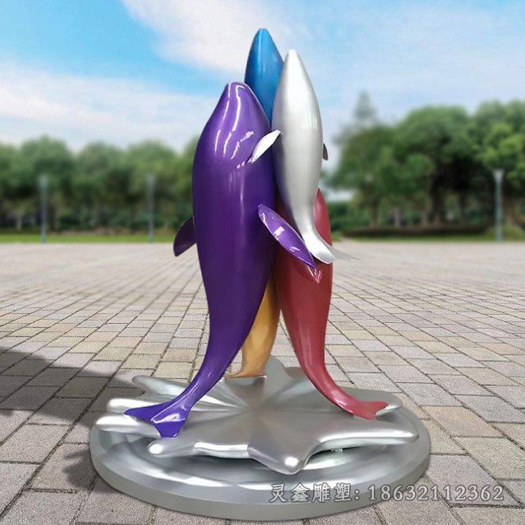 不锈钢彩绘海豚庭院雕塑