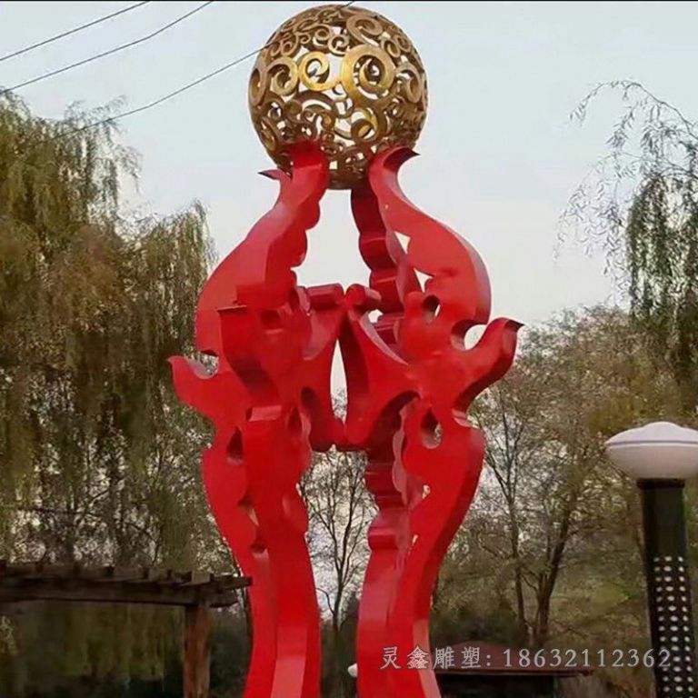 不锈钢抽象海狮顶球公园雕塑