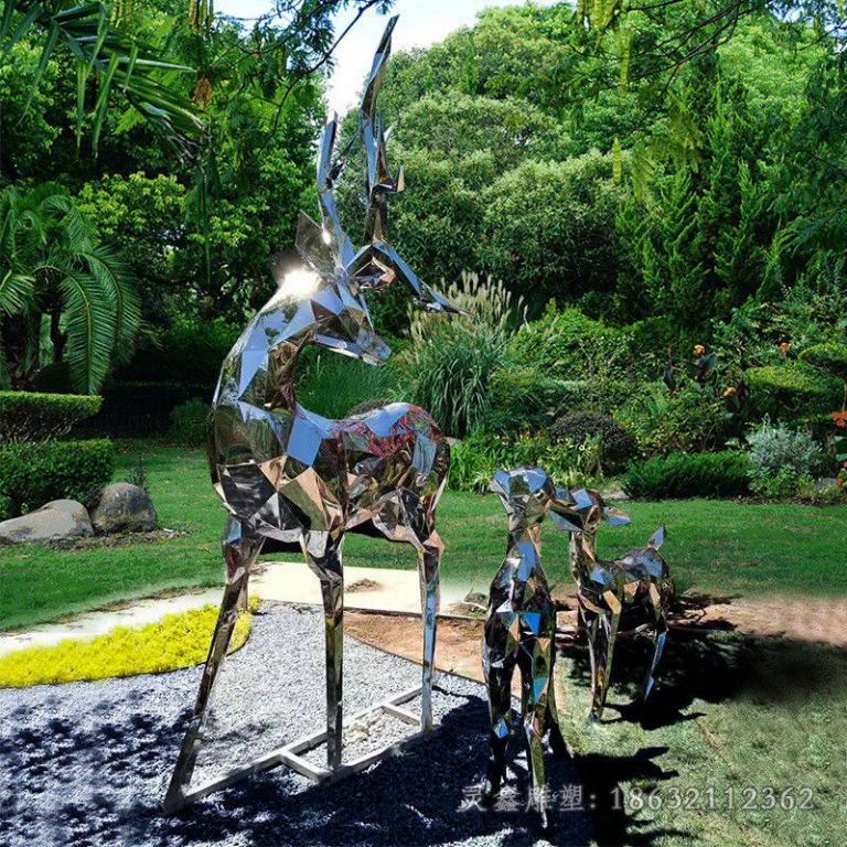 不锈钢几何母子鹿公园雕塑