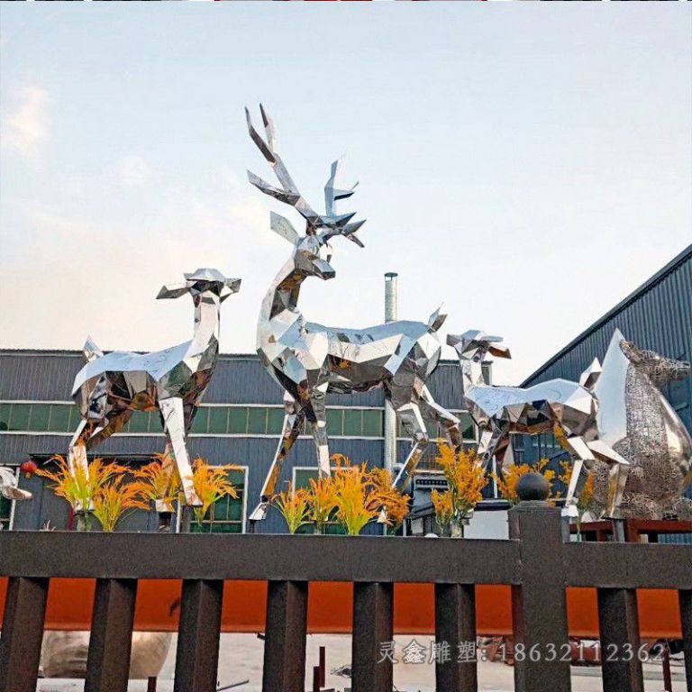 不锈钢几何母子鹿小区雕塑