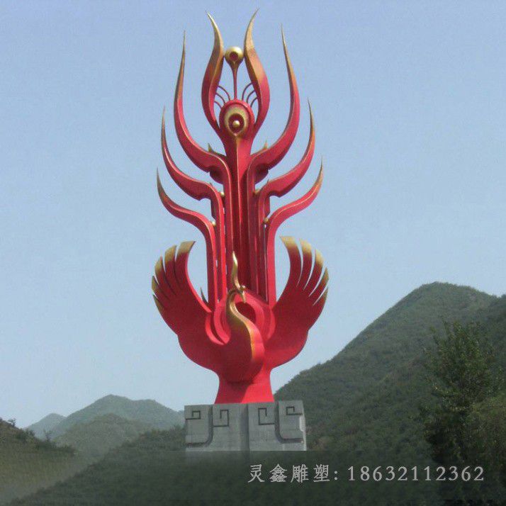 不锈钢红色凤凰庭院雕塑