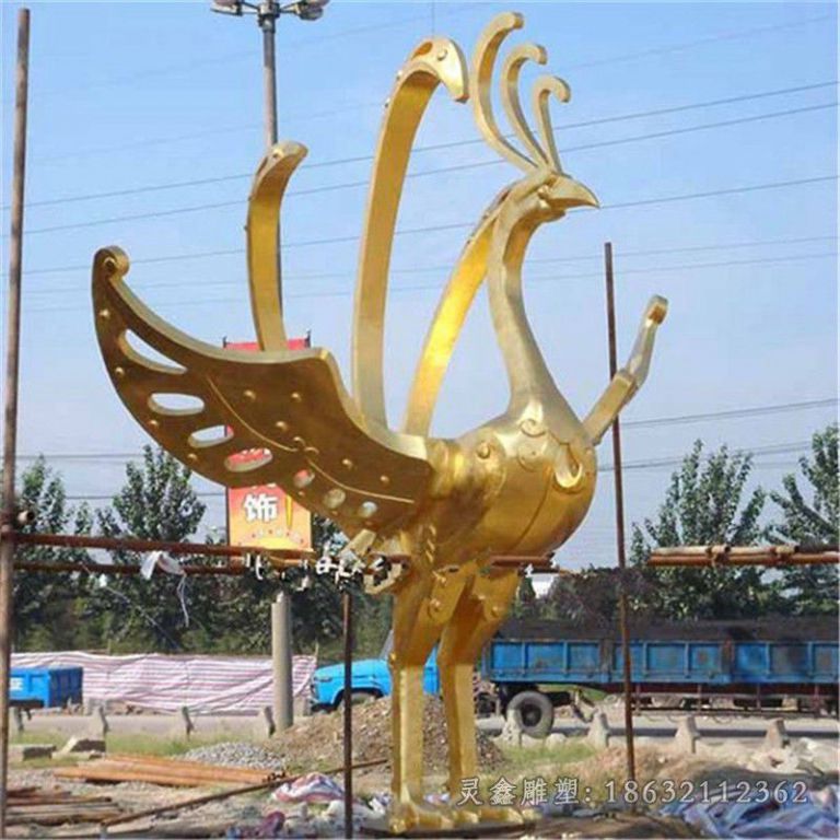 不锈钢金色凤凰庭院雕塑
