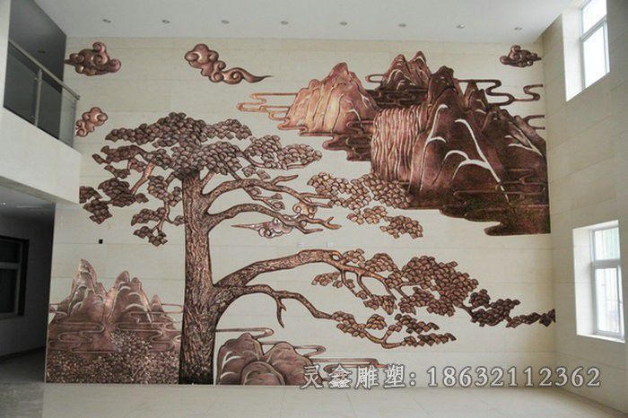 浮雕迎客松户外铜雕