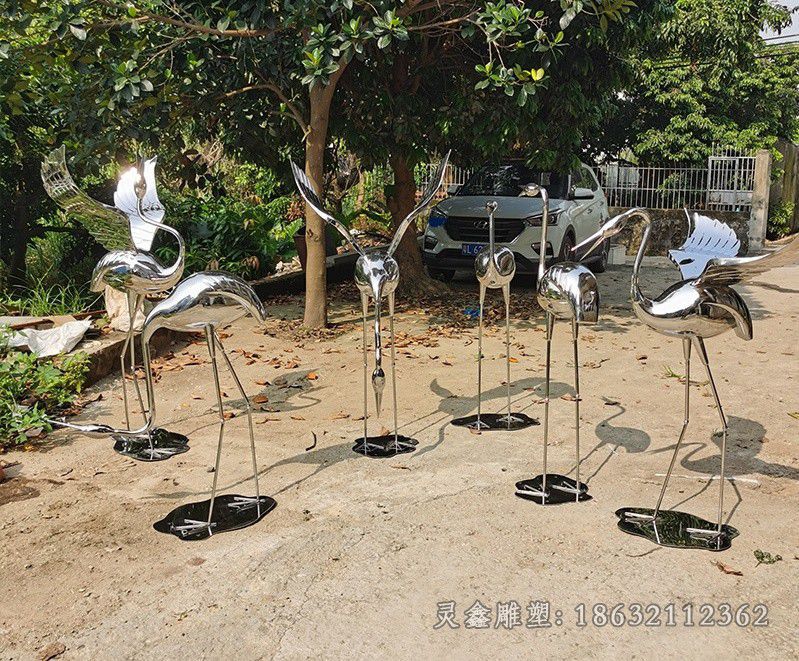 不锈钢群鹤庭院雕塑