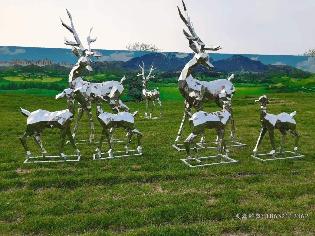 不锈钢几何群鹿雕塑