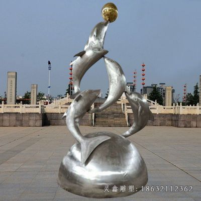 不锈钢海豚顶球雕塑
